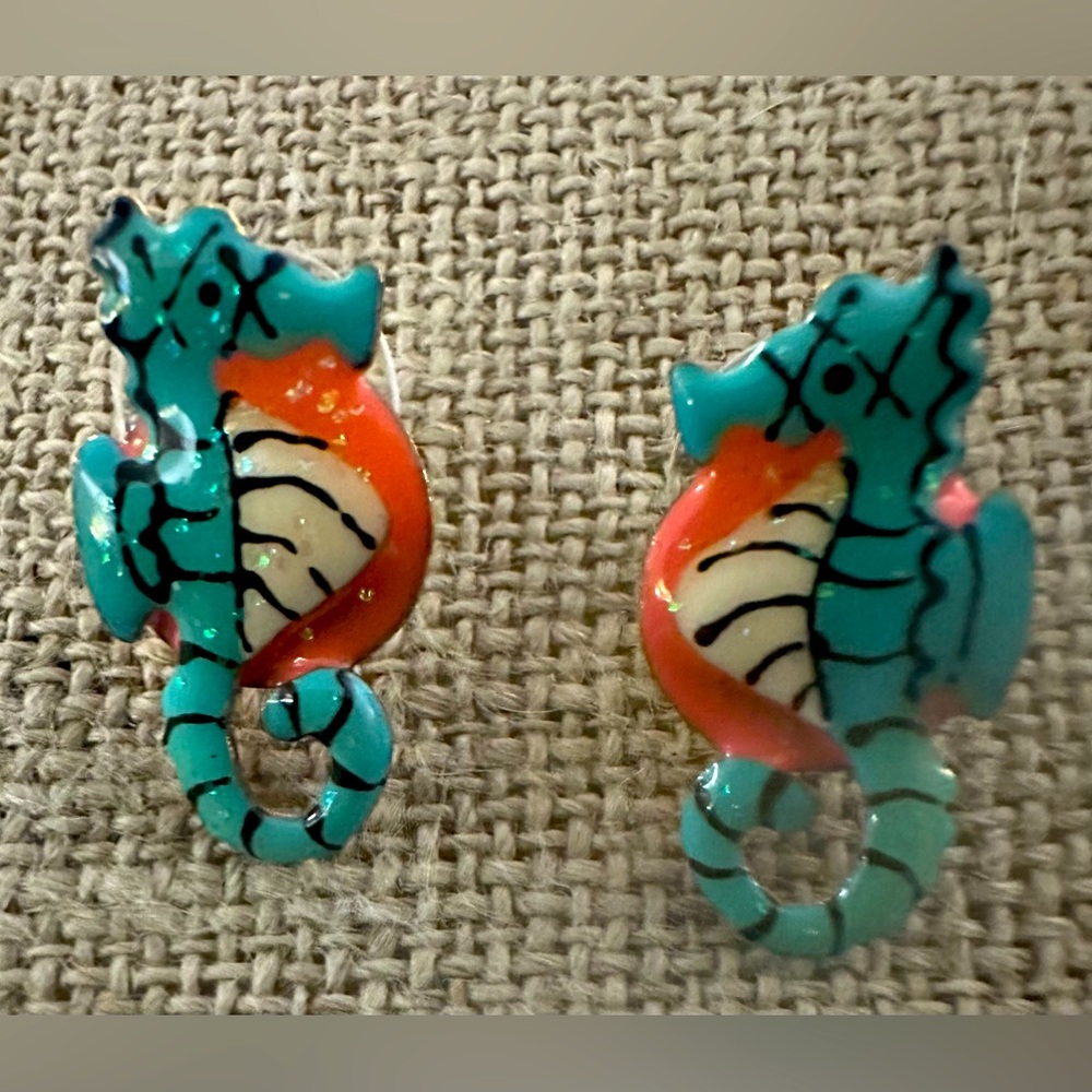 Designer Lunch at the Ritz Earrings Signed Colorful Enamel Seahorse Pierced Rare